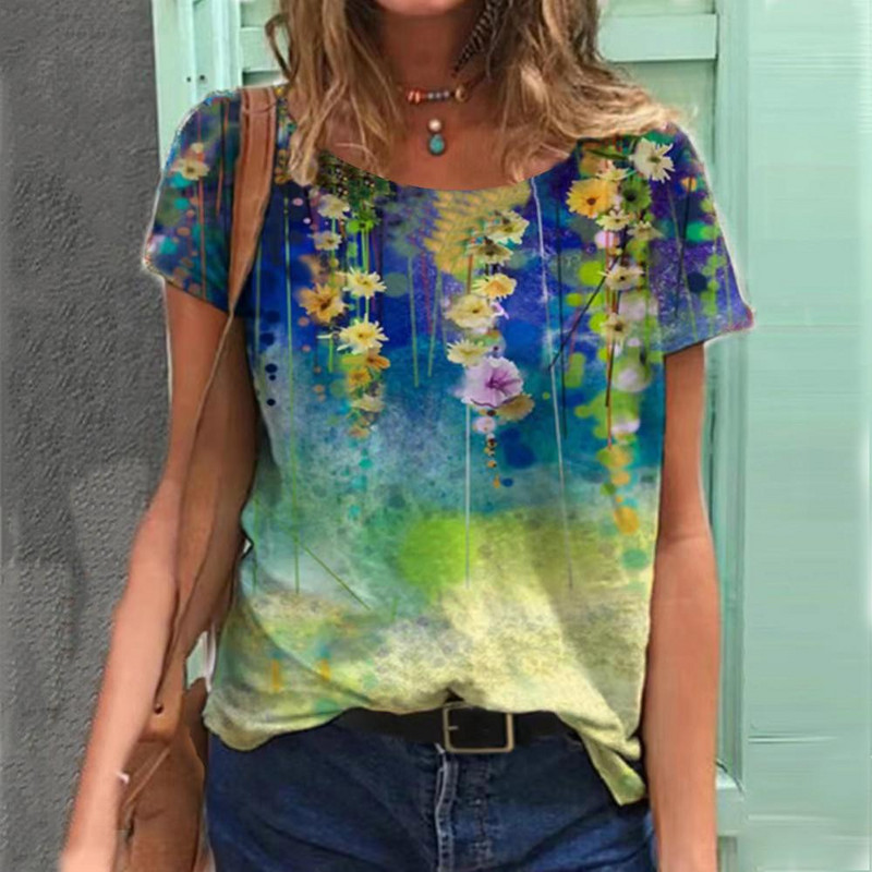 2022 Tricouri de damă Tricou cu temă florală de modă Tricou cu plante florale Îmbrăcăminte de vară Topuri de bază pentru femei Pulover larg imprimat 3D