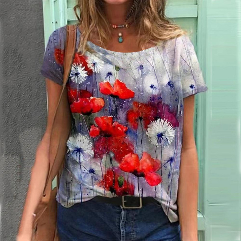 2022 Tricouri de damă Tricou cu temă florală de modă Tricou cu plante florale Îmbrăcăminte de vară Topuri de bază pentru femei Pulover larg imprimat 3D