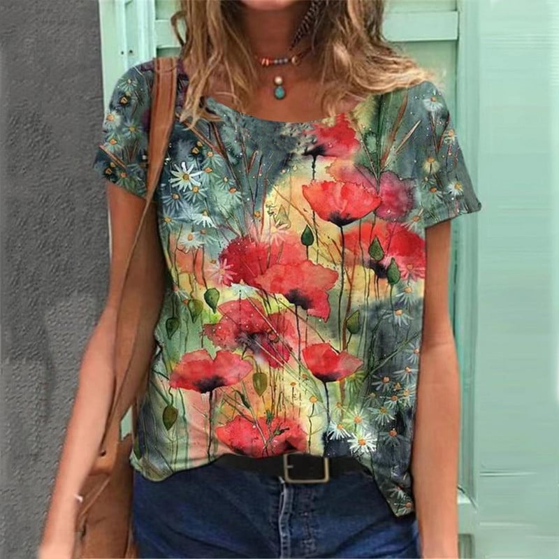 2022 Tricouri de damă Tricou cu temă florală de modă Tricou cu plante florale Îmbrăcăminte de vară Topuri de bază pentru femei Pulover larg imprimat 3D