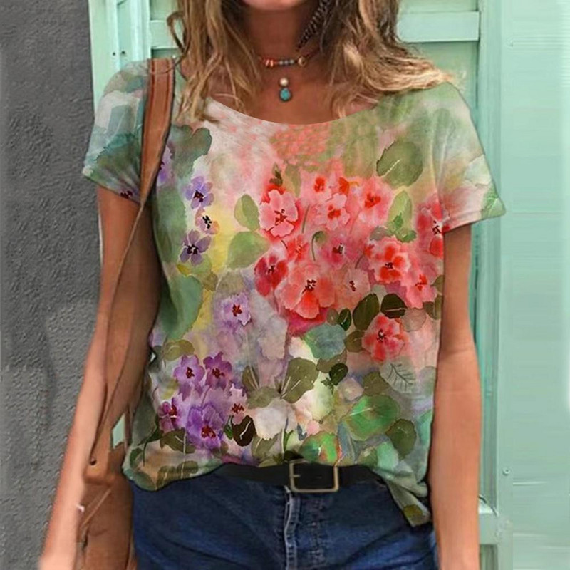2022 Tricouri de damă Tricou cu temă florală de modă Tricou cu plante florale Îmbrăcăminte de vară Topuri de bază pentru femei Pulover larg imprimat 3D
