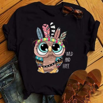 Maycaur Cartoon Owl Print T-shirt Γυναικεία γραφικά πουκάμισα Kawaii Casual κοντομάνικα γυναικεία μπλουζάκια Harajuku με λαιμόκοψη