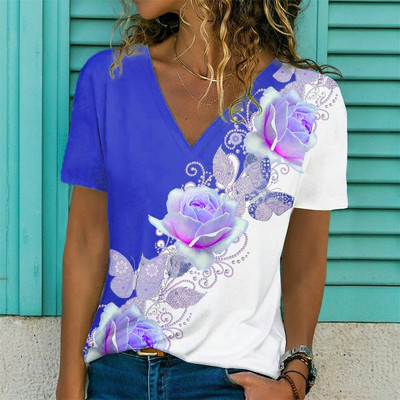 Καλοκαιρινό γυναικείο κοντομάνικο μπλουζάκι με λαιμόκοψη V για γυναίκες Λευκό γυναικείο μπλουζάκι μόδας 3d Dragonfly Print Top casual ρούχα