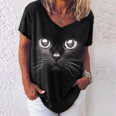 Модни дамски блузи 2022 г. Тениска Дамски 3D принт с котки Черна тениска Kawaii с V-образно деколте Дамско облекло Големи летни тениски