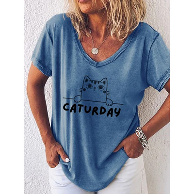 Moodne naiste pluusid 2022 T-särk Naiste 3D kasside prindiga must Kawaii V-kaelusega T-särk Naiste riided Suured suvised topid T-särgid