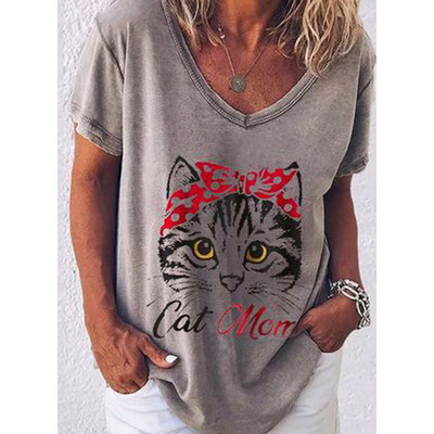 Moodne naiste pluusid 2022 T-särk Naiste 3D kasside prindiga must Kawaii V-kaelusega T-särk Naiste riided Suured suvised topid T-särgid