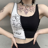 Topuri cu patchwork în stil punk, cu litere estetice și imprimeu grafic, crop top pentru femei, îmbrăcăminte de stradă fără mâneci, cu blocare de culoare