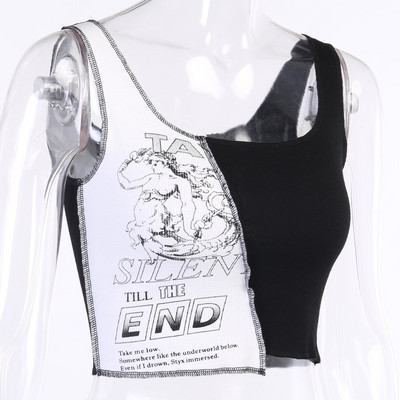 Topuri cu patchwork în stil punk, cu litere estetice și imprimeu grafic, crop top pentru femei, îmbrăcăminte de stradă fără mâneci, cu blocare de culoare