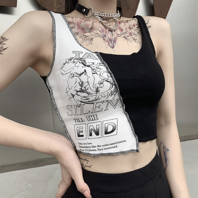 Topuri cu patchwork în stil punk, cu litere estetice și imprimeu grafic, crop top pentru femei, îmbrăcăminte de stradă fără mâneci, cu blocare de culoare