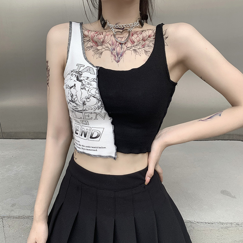 Topuri cu patchwork în stil punk, cu litere estetice și imprimeu grafic, crop top pentru femei, îmbrăcăminte de stradă fără mâneci, cu blocare de culoare