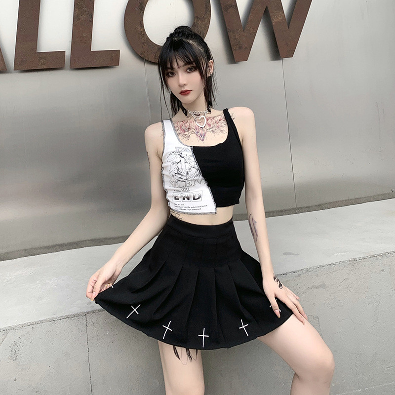 Topuri cu patchwork în stil punk, cu litere estetice și imprimeu grafic, crop top pentru femei, îmbrăcăminte de stradă fără mâneci, cu blocare de culoare