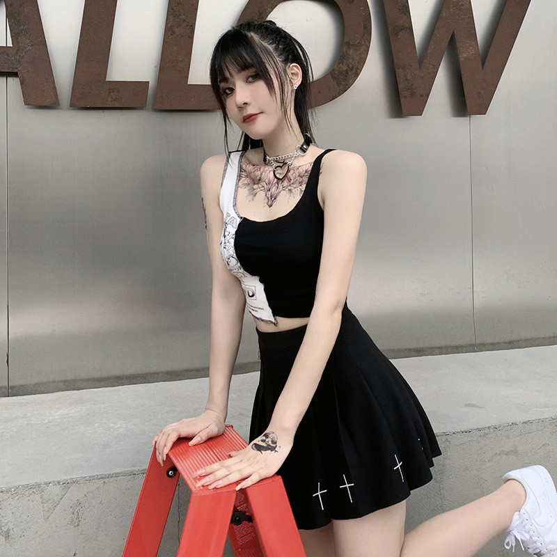 Topuri cu patchwork în stil punk, cu litere estetice și imprimeu grafic, crop top pentru femei, îmbrăcăminte de stradă fără mâneci, cu blocare de culoare