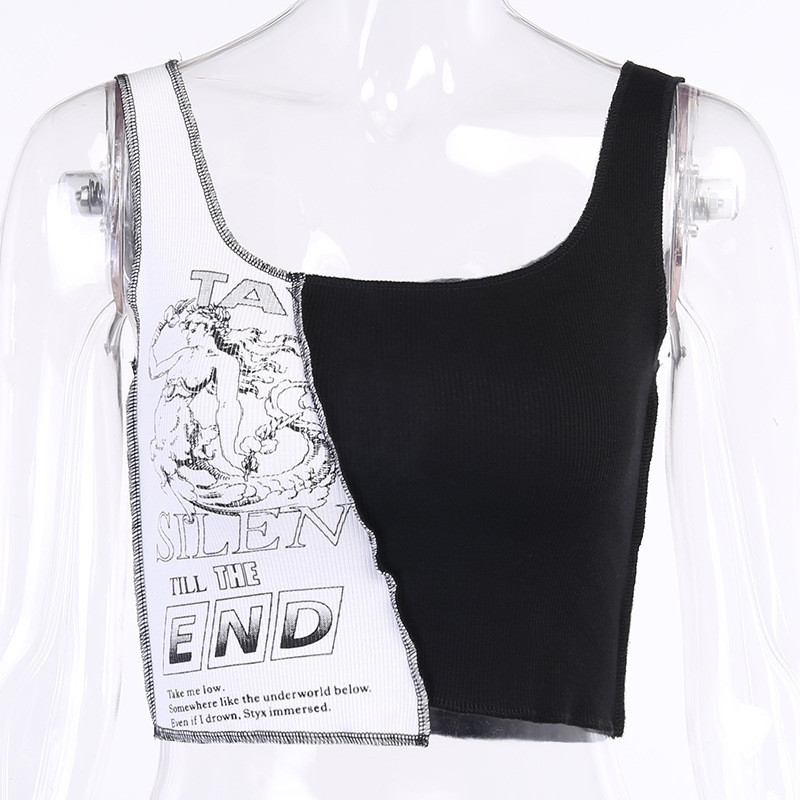 Topuri cu patchwork în stil punk, cu litere estetice și imprimeu grafic, crop top pentru femei, îmbrăcăminte de stradă fără mâneci, cu blocare de culoare