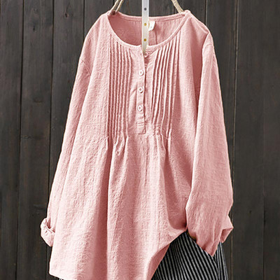 Jocoo Jolee Γυναικεία φθινοπωρινή περιστασιακή μακρυμάνικη μπλούζα O λαιμός Φαρδιά μπλούζα Vintage Harajuku από μασίφ βαμβακερό και λινό πουκάμισο Oversized μπλουζάκια