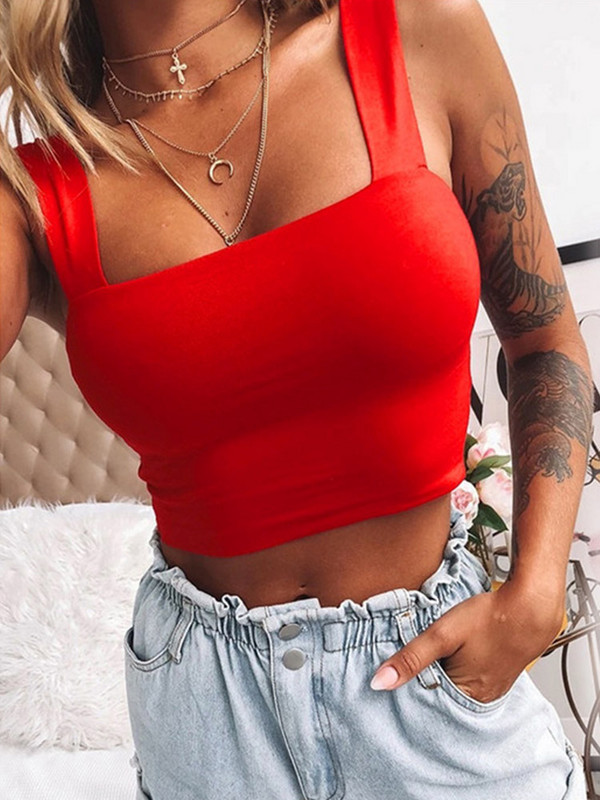 Crop crop de vară fără mâneci cu gât pătrat, alb, femei, negru, ocazional, tricou de bază, cu umăr dezactivat, sexy, fără spate