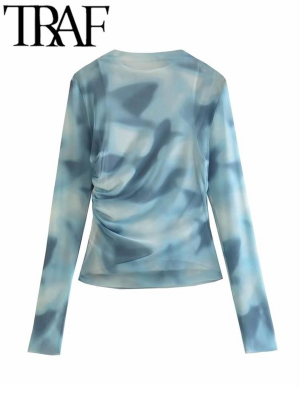 TRAF Ženske modne bluze s printom od tila Vintage dugih rukava s podstavom Ženske tanke košulje Ženske ležerne s naborima Blusas Topovi