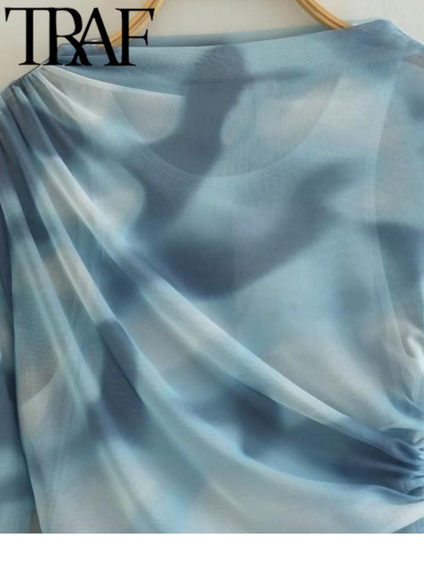 TRAF Ženske modne bluze s printom od tila Vintage dugih rukava s podstavom Ženske tanke košulje Ženske ležerne s naborima Blusas Topovi