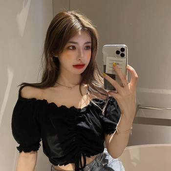 Μόδα μπλούζες Γυναικεία Σέξι Off Shoulder Crop Top με βολάν Πουκάμισο με μανίκι Harajuku Μπλουζάκι σιφόν Νεανική Κομψή μπλούζα