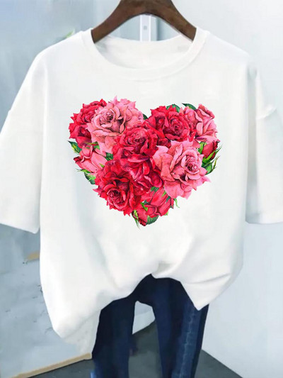 Цветен принт Модна растителна тенденция Прекрасен стил Дамска тениска с къс ръкав Графична тениска Лятна тениска Дамски дрехи Ежедневни тениски