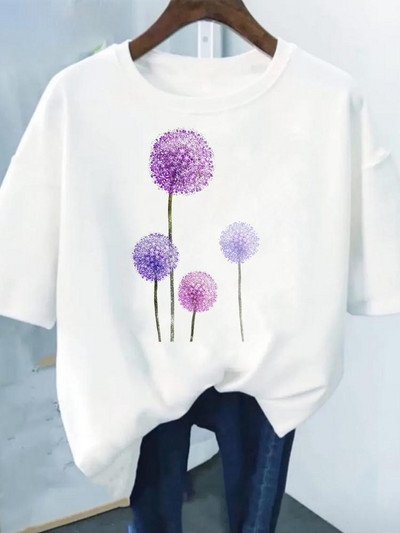 Цветен принт Модна растителна тенденция Прекрасен стил Дамска тениска с къс ръкав Графична тениска Лятна тениска Дамски дрехи Ежедневни тениски