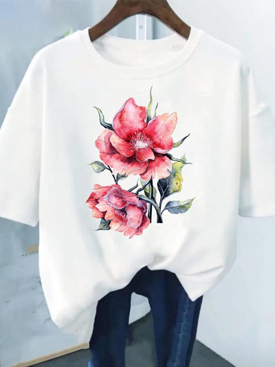 Цветен принт Модна растителна тенденция Прекрасен стил Дамска тениска с къс ръкав Графична тениска Лятна тениска Дамски дрехи Ежедневни тениски