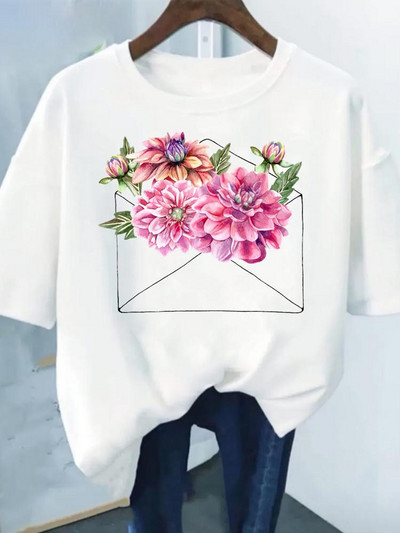 Цветен принт Модна растителна тенденция Прекрасен стил Дамска тениска с къс ръкав Графична тениска Лятна тениска Дамски дрехи Ежедневни тениски