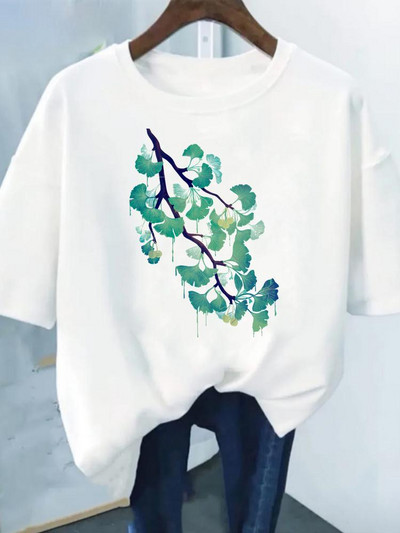 Цветен принт Модна растителна тенденция Прекрасен стил Дамска тениска с къс ръкав Графична тениска Лятна тениска Дамски дрехи Ежедневни тениски