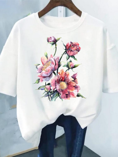 Цветен принт Модна растителна тенденция Прекрасен стил Дамска тениска с къс ръкав Графична тениска Лятна тениска Дамски дрехи Ежедневни тениски