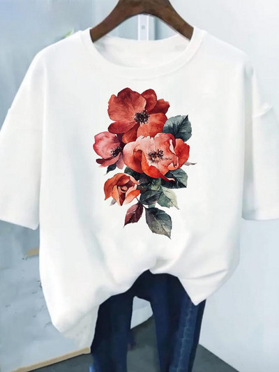 Цветен принт Модна растителна тенденция Прекрасен стил Дамска тениска с къс ръкав Графична тениска Лятна тениска Дамски дрехи Ежедневни тениски