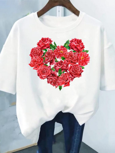 Цветен принт Модна растителна тенденция Прекрасен стил Дамска тениска с къс ръкав Графична тениска Лятна тениска Дамски дрехи Ежедневни тениски