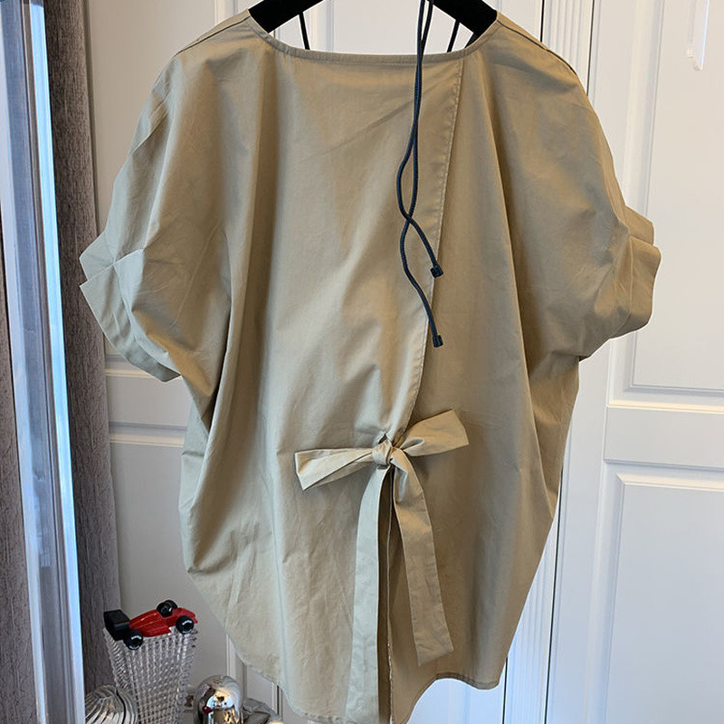 Denevérszárnyú ujjú női blúz Elegáns, teljesen egybevágó új dizájn koreai divatos női összehajtható hangulatos, tömör O-nyakú, alkalmi egyetemi laza betétek