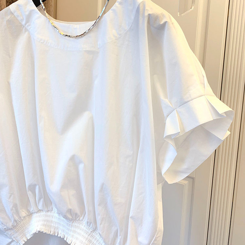 Denevérszárnyú ujjú női blúz Elegáns, teljesen egybevágó új dizájn koreai divatos női összehajtható hangulatos, tömör O-nyakú, alkalmi egyetemi laza betétek