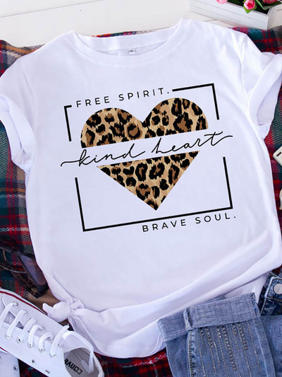 Μπλουζάκι με γραφικό εμπριμέ Μπλουζάκι Δωρεάν πνεύμα Brave Soul Γυναικείο κοντομάνικο Leopard Love Tshirt για την Ημέρα του Αγίου Βαλεντίνου Heart Woman Tee