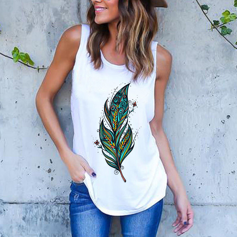 Vasaros Harajuku Vintažinių plunksnų Dreamcatcher Print Moteriški marškinėliai Laisvalaikio tipo liemenė be rankovių Gatvės drabužiai Moteriški marškinėliai