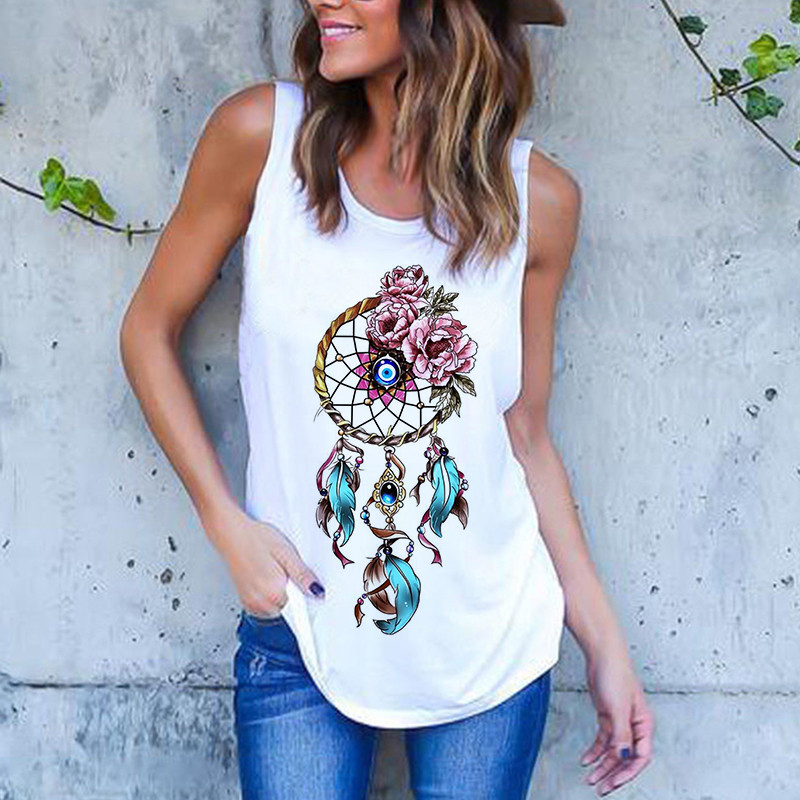 Vasaros Harajuku Vintažinių plunksnų Dreamcatcher Print Moteriški marškinėliai Laisvalaikio tipo liemenė be rankovių Gatvės drabužiai Moteriški marškinėliai