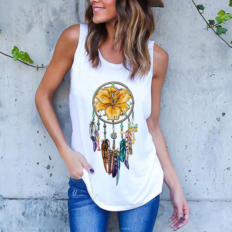 Vasaros Harajuku Vintažinių plunksnų Dreamcatcher Print Moteriški marškinėliai Laisvalaikio tipo liemenė be rankovių Gatvės drabužiai Moteriški marškinėliai