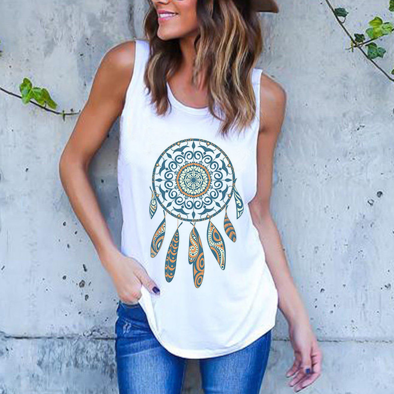 Vasaros Harajuku Vintažinių plunksnų Dreamcatcher Print Moteriški marškinėliai Laisvalaikio tipo liemenė be rankovių Gatvės drabužiai Moteriški marškinėliai