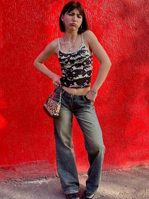 Gotička majica s printom portreta Estetske Y2K kratke majice s majicama s kratkim rukavima Harajuku Streetwear Bijele naramenice Ženska odjeća