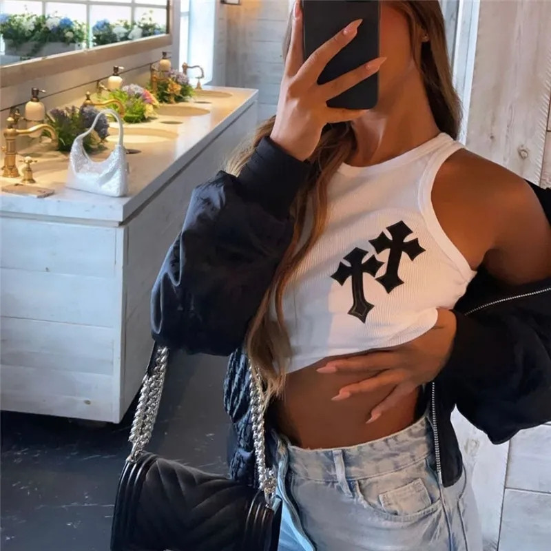 Ljetna ženska odjeća Ženska grunge moda Seksi y2k gornji dio korzeta Cross Graphics crop topovi Tanka ležerna majica Estetske majice bez rukava iz 90-ih