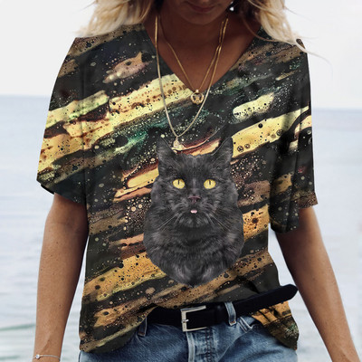 Μπλουζάκι V λαιμόκοψη Γυναικεία καλοκαιρινή καθημερινή υπερμεγέθη Dazzle Color Cats Πουκάμισο με στάμπα κοντομάνικο Top Vintage Γυναικεία Streetreetwear Y2k Ρούχα