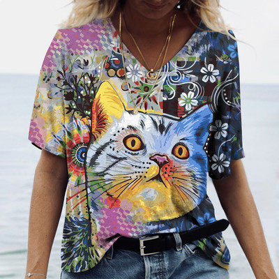 Μπλουζάκι V λαιμόκοψη Γυναικεία καλοκαιρινή καθημερινή υπερμεγέθη Dazzle Color Cats Πουκάμισο με στάμπα κοντομάνικο Top Vintage Γυναικεία Streetreetwear Y2k Ρούχα