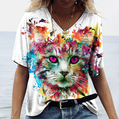 Μπλουζάκι V λαιμόκοψη Γυναικεία καλοκαιρινή καθημερινή υπερμεγέθη Dazzle Color Cats Πουκάμισο με στάμπα κοντομάνικο Top Vintage Γυναικεία Streetreetwear Y2k Ρούχα