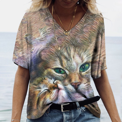 Μπλουζάκι V λαιμόκοψη Γυναικεία καλοκαιρινή καθημερινή υπερμεγέθη Dazzle Color Cats Πουκάμισο με στάμπα κοντομάνικο Top Vintage Γυναικεία Streetreetwear Y2k Ρούχα