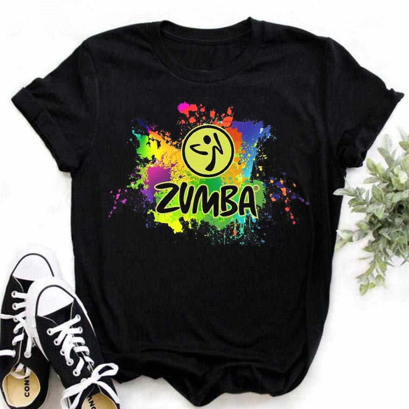 Divat Zumba Fekete póló Női Ruházat Fitnesz Tánc Betű Grafikus Pólók Ing Sport Gimnasztika Femme póló Felsők