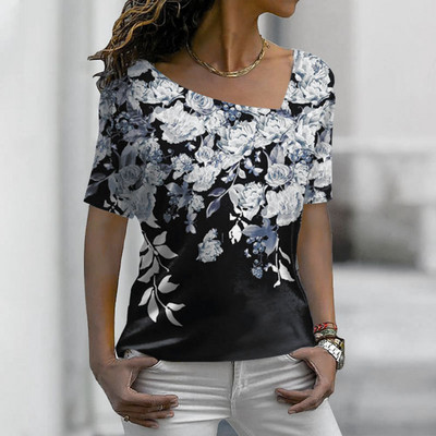 Uued naiste T-särgid Lilletrükiga Naiste riided Lühikeste varrukatega topid V-kaelusega dressipluusid Tänavarõivad Suuremõõtmelised T-särgid Naiste T-särgid