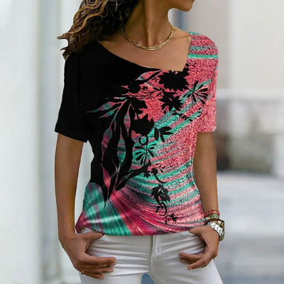 Uued naiste T-särgid Lilletrükiga Naiste riided Lühikeste varrukatega topid V-kaelusega dressipluusid Tänavarõivad Suuremõõtmelised T-särgid Naiste T-särgid