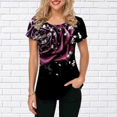 Îmbrăcăminte de lux nouă pentru femei Îmbrăcăminte de vară Tricouri 3d cu imprimare cu trandafiri Tricouri pentru fete Îmbrăcăminte de stradă cu gâtul O Îmbrăcăminte supradimensionată Laides 2023