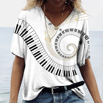 Zene Piano Print női póló V-nyakú, túlméretezett pulóver Harajuku ruházat, divat, rövid ujjú, bő felsők nyári alappólók