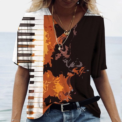 Zene Piano Print női póló V-nyakú, túlméretezett pulóver Harajuku ruházat, divat, rövid ujjú, bő felsők nyári alappólók