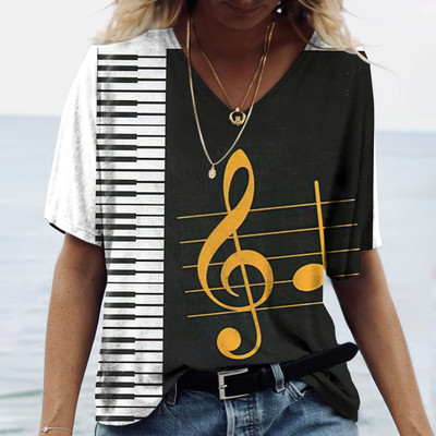 Zene Piano Print női póló V-nyakú, túlméretezett pulóver Harajuku ruházat, divat, rövid ujjú, bő felsők nyári alappólók