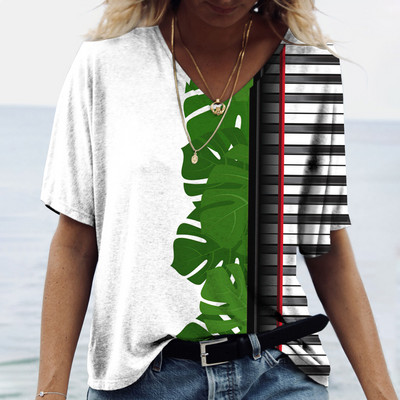 Zene Piano Print női póló V-nyakú, túlméretezett pulóver Harajuku ruházat, divat, rövid ujjú, bő felsők nyári alappólók